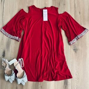NEW Red Plus Size Dress cold shoulder sequined sparkle sleeve detail